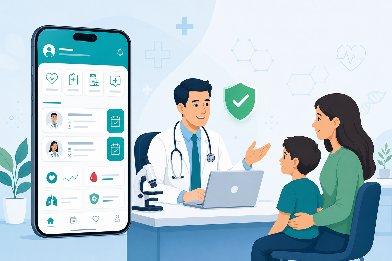 Doctor consultation with family and Medvora Health mobile app